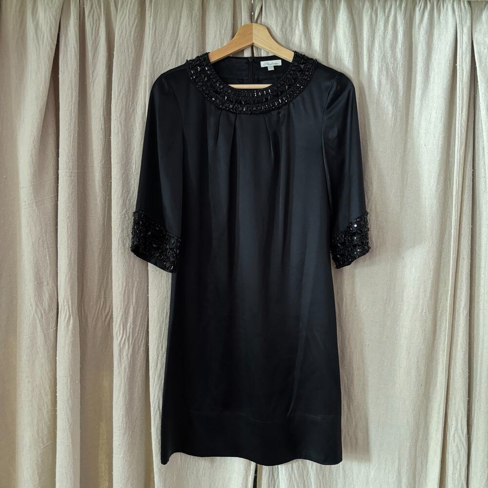 Shoshanna black pure silk classic shift dress with beaded sleeves and collar